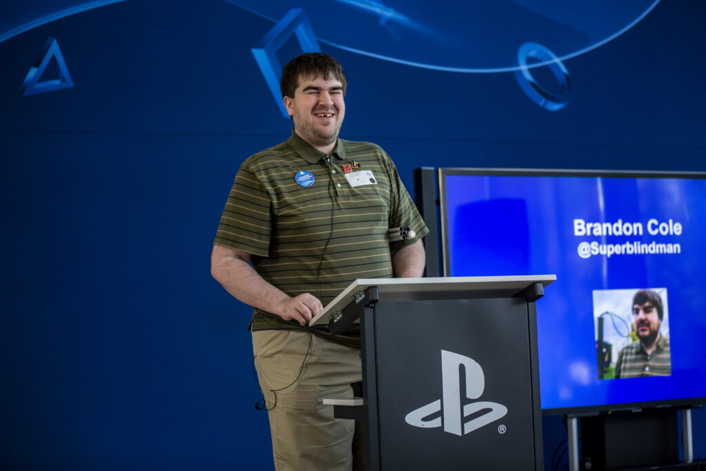 Brandon speaking at Sony Headquarters during GAAD 2017
